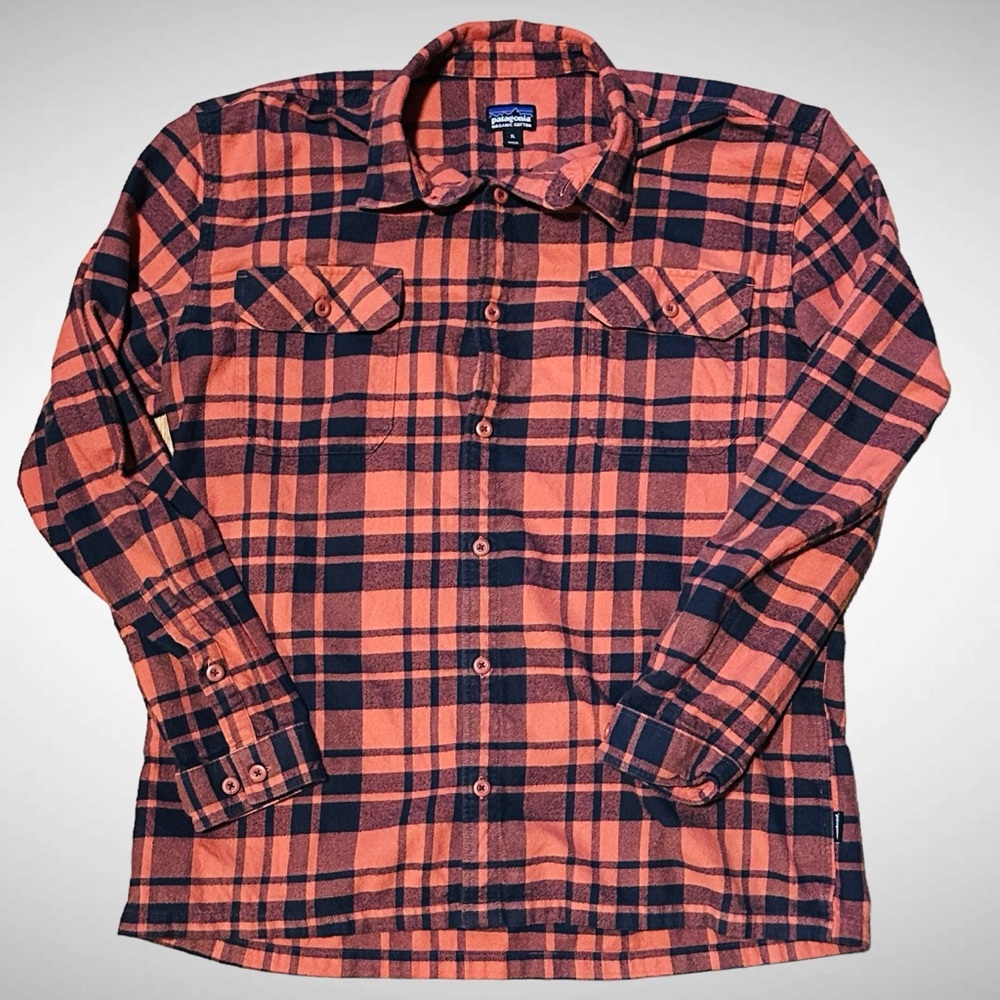 Patagonia Orange and Black Plaid Casual Button Down Shirt